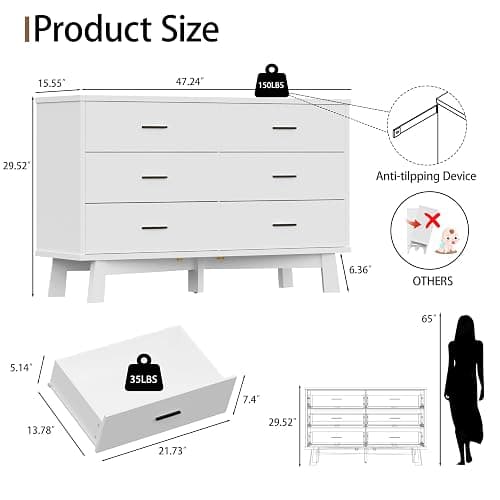 Xixini Dresser for Bedroom, 6 Drawer Wide Modern Chest of Drawers with X-Shaped Sturdy Base, Wood Double Dresser Closet Clothes Storage Organizer, Wooden TV Stand for Living Room, Hallway, White thumbnail 2
