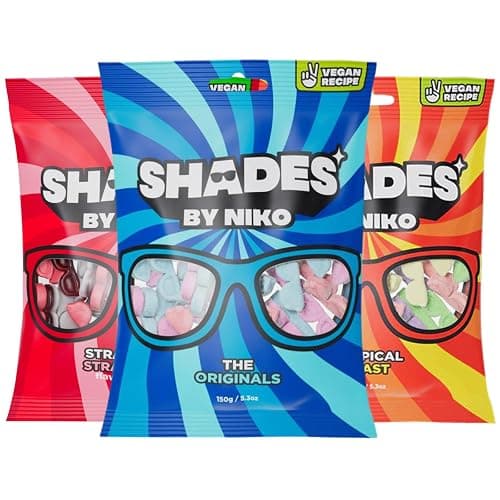 Shades by Niko Vegan Sweets 150g – Plant-Based Gummy Candy, No Gelatin, Natural Fruit Flavours, Gluten-Free, Dairy-Free, All Flavours, The Originals, Tropical Blast, Straight Up Strawberry (Pack of 3) - Image 1