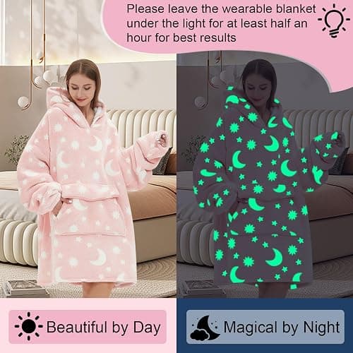 Fiosnow Glow in the Dark Star and Moon Blanket Hoodies for Women and Men Adult Fleece Sherpa Oversize Wearable Blanket Hoodies for Soft and Warm thumbnail 3