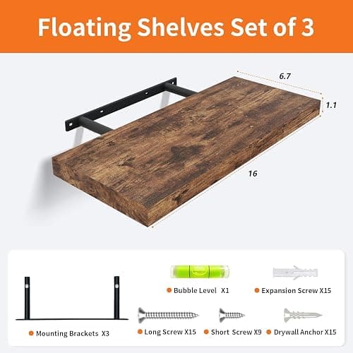 Upassion Floating Shelves for Wall Set of 3, 16" Rustic Brown Floating Shelves, Home Decor, Frame Display Wall Shelf for Bedroom, Kitchen, Bathroom, Living Room thumbnail 3