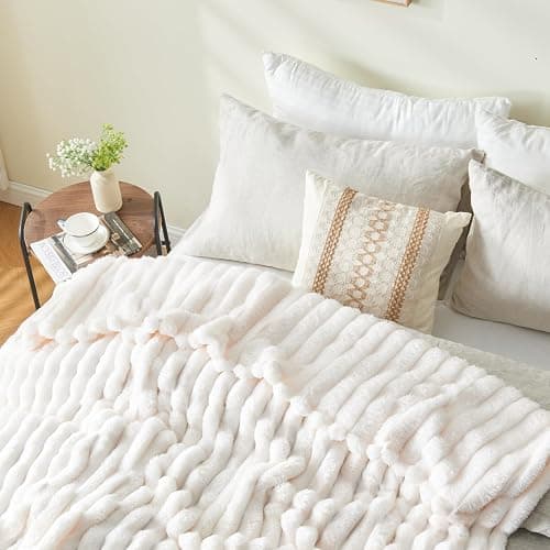 Super Soft Queen Blanket Ivory Premium Silky Flannel Fleece 3D Ribbed Jacquard Lightweight Bed Blanket All Season Use (Ivory Ribbed, Queen(90"x90")) thumbnail 10