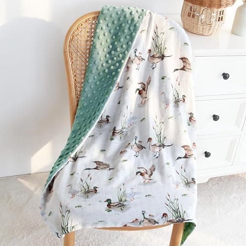 LifeTree Baby Blankets for Newborn, Soft & Lightweight Swaddle Blankets, Muslin Front and Dotted Fleece Backing Receiving Bed Blanket, 31X40 Inches, Baby Girl & Boy Blanket, Duck and Green thumbnail 2