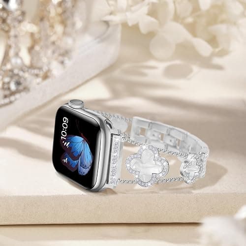 Tasikar Bling Diamond Women Band Compatible with Apple Watch Band 49mm 46mm 45mm 44mm 42mm 41mm 40mm 38mm Ultra SE Series 11 10 9 8 7 6 5 4 3 2 1 Lucky Clover Dressy Replacement Bracelet (Silver) thumbnail 4
