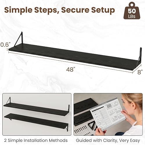 Vivelove Black Deep Floating Shelves for Wall, 48W x 8D Wood Wall Shelves Set of 2, Wide Floating Bookshelf for Living Room, Kitchen, Office, Bedroom and Decor Storage, with Metal Bracket - Black thumbnail 3