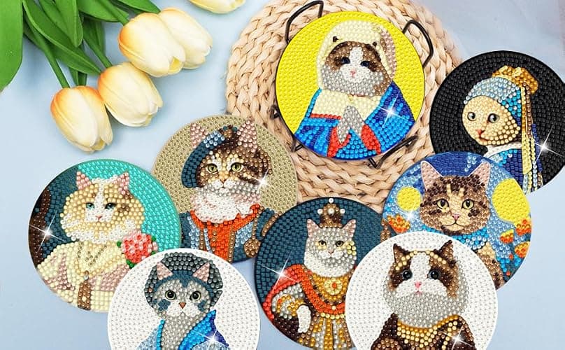 Puraikcmi 8PCs Diamond Paintings Coasters Kits Set, Funny Cat Diamond Art Coasters with Holder, DIY Crafts Diamond Art Kits Adult Craft Diamond Dots Gift thumbnail 5
