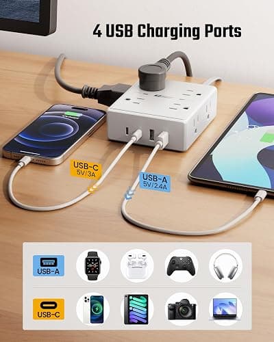 10Ft Extension Cord with Multiple Outlets, Flat Plug Surge Protector Power Strip 10 Ft Long Cord, 8 Outlets & 4 USB Ports (2 USB C), Desk Charging Station for Home Office, College Dorm Room Essentials thumbnail 5