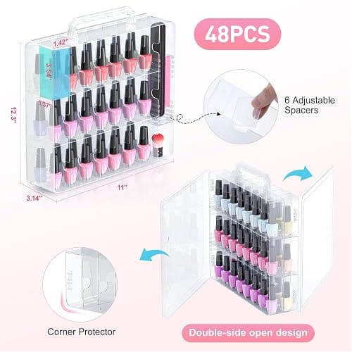 Beloving 2pcs Nail Polish Organizer, Portable 48 Bottles Clear Nail Polish Holder with Adjustable Divider, Gel Nail Polish Storage Double Side Nail Polish Organizer Case for Nail Tech thumbnail 3
