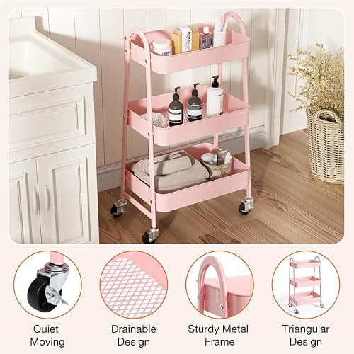 UOCFYK 3-Tier Metal Rolling Utility Cart, Small Rolling Cart Kitchen Trolley Bathroom Laundry Room Bar Office Shelves Storage Organizer Shelving Unit with Caster Wheels for Narrow Places, Pink thumbnail 3