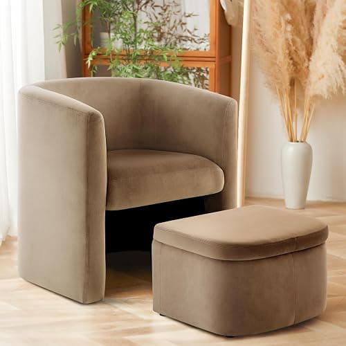 COLAMY Upholstered Velvet Barrel Accent Chair with Storage Ottoman, Morden Living Room Chair with Lounge Seat for Bedroom/Reading Spaces, Khaki - Khaki - Set of 1 - Image 1