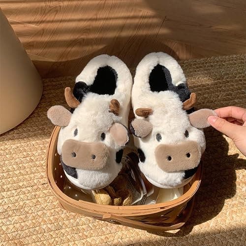 XIXITIAO Slippers For Women,Cow Slippers,Womens Fuzzy Slippers,Cute Animal Cartoon Fluffy Plush House Slippers For Women Men Indoor thumbnail 3