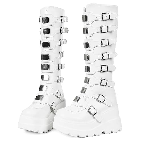 CELNEPHO Women Goth Platform Knee High Boots Wedge Punk Combat Y2K Boots | 3.5'' platform wedge heel, side zipper, knee high shaft, multi metal buckle straps, halloween punk goth style, round toe - Image 1
