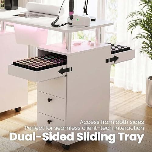 Oakvera Nail Tech Table with Dust Collector & LED Light, Rolling Manicure Desk with Storage Drawers & Cabinets, Lockable Wheels, Acetone-Resistant Beauty Workstation for Salon, Home (White) thumbnail 5