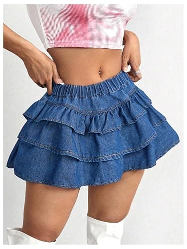 BEAUDRM Women's Y2K Solid Ruffle Denim Skirt Drop Low Waist A Line Jean Skirt Casual Tiered Layer Hem Tiered Mini Skirt thumbnail 3