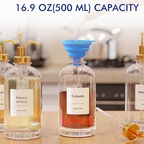16.9 oz (500 ml) Coffee Syrup Dispenser Set- 4 Glass Bottles with Gold Pumper and Syrup Labels - Precise Dispensing and Stylish Addition to Coffee Shop, Cafe or Home Bar thumbnail 3