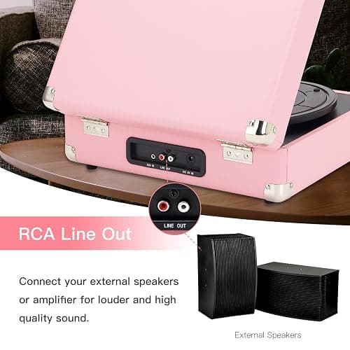 JORLAI Pink Vinyl Record Player 3 Speeds Portable Suitcase Turntable with Built-in Dual Speakers, Bluetooth Gramophone with Built-in Battery 3.5mm Aux Input/RCA Output thumbnail 6