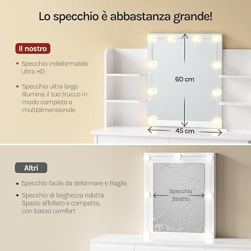 WOLTU Postazione Trucco, Toeletta Trucco con Luci, Toeletta Trucco,Scrivania con Specchio e 10 Lampadine LED Dimmerabili,2 Cassetti e 4 Ripiani,Comò per Camera da Letto in Legno, Bianco, 90x40x135cm thumbnail 7