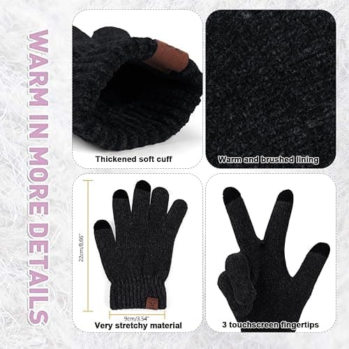 Womens Winter Knit Warm Hat Beanie Long Scarf Touch Screen Gloves Set Skull Caps Neck Scarves for Women thumbnail 4