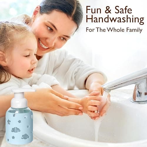 SoCal Suds & Company Foaming Hand Soap Dispenser Glass, Light Blue, 8oz | Liquid Soap Pump w/ Heart Silicone Sleeve, Refillable Bottle for Kids, Baby Wash & Shampoo, Ideal for Bathroom & Kitchen Use thumbnail 7