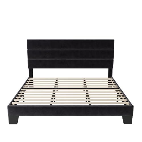 Allewie King Size Platform Bed Frame with Velvet Upholstered Headboard | Wooden Slats Support, Fully Upholstered Mattress Foundation, No Box Spring Needed, Easy Assembly, Noise-Free, Black thumbnail 8