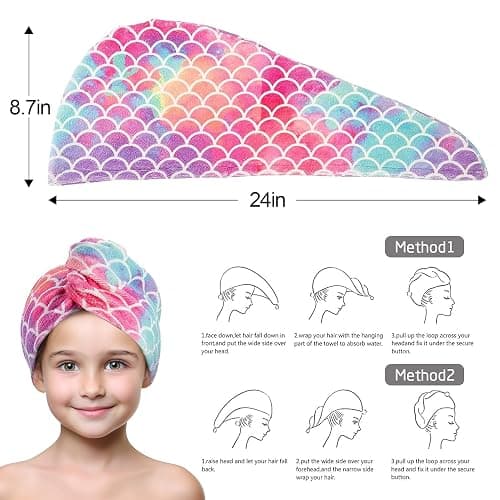 Microfiber Hair Towel for Kids Gifts - Soft Super Absorbent Rapid Drying Hair Towel Wrap Turban for Girls Women with Button, Anti-Frizz for Thicker Curly Long Hair, 3Pack thumbnail 3