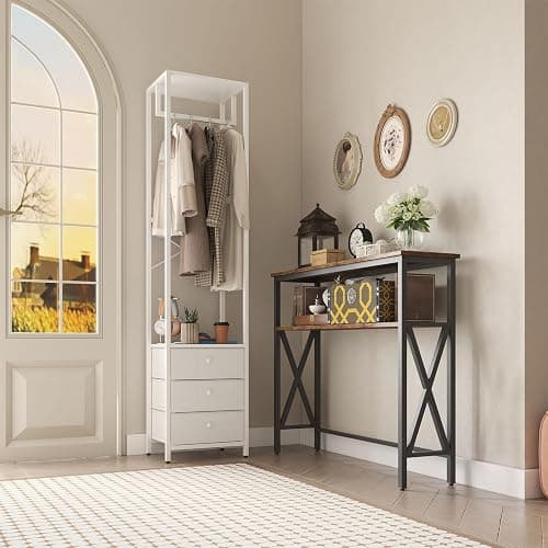 YMYNY Coat Rack with Non-woven Drawer, Freestanding Tall Closet Organizer, Clothes Rack with Rod, Tall Clothes Standing Dresser for Bedroom, Living Room, Entryway, 39×29×179CM White HGR001W thumbnail 5