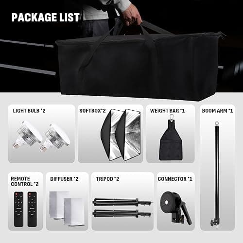 NiceVeedi 85W Photography Lighting, 2-Pack 20'' x 28'' Professional Softbox Lighting Kit with 53'' Boom Arm & 91'' Tripod Stand, Remote Control, Studio Lights for Live Streaming/Portrait/Photography thumbnail 7