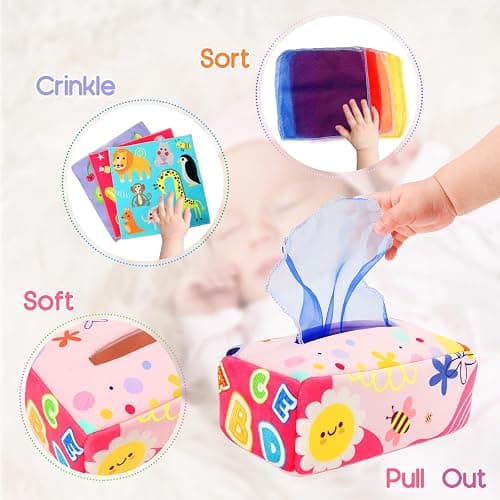 Baby Tissue Box - Montessori Toys for 6-12 Months, 1 Year Old - Soft Stuffed High Contrast Crinkle Infant Sensory Toy, Boys&Girls Toddler Early Learning Baby Gifts thumbnail 4