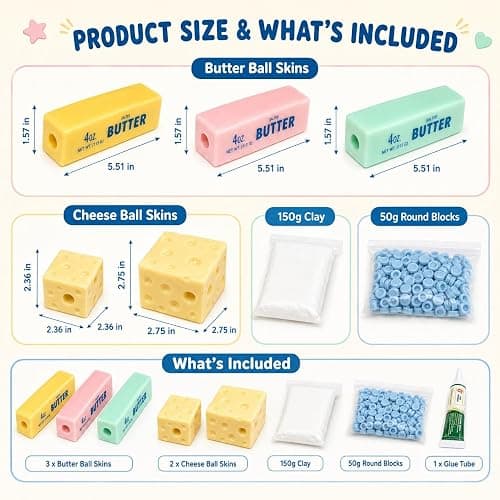 Cheese & Butter Squishy Skin Stress Ball Kit, Easy Handmade Sensory Squishy | Includes 5 Cheese & Butter TPR Skins and 7.05 oz Filler, Calming ASMR Craft, Great for Anxiety Relief and Creative Play thumbnail 2
