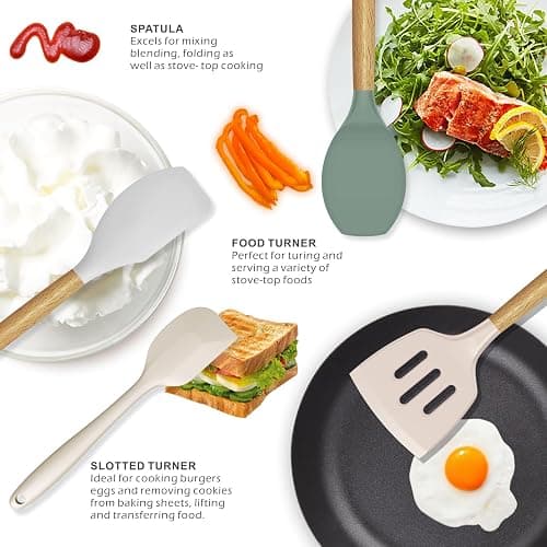 oannao Silicone Cooking Utensils Set - 446°F Heat Resistant Silicone Kitchen Utensils for Cooking,Kitchen Utensil Spatula Set w Wooden Handles, BPA FREE Gadgets for Non-Stick Cookware (Colorful) thumbnail 4