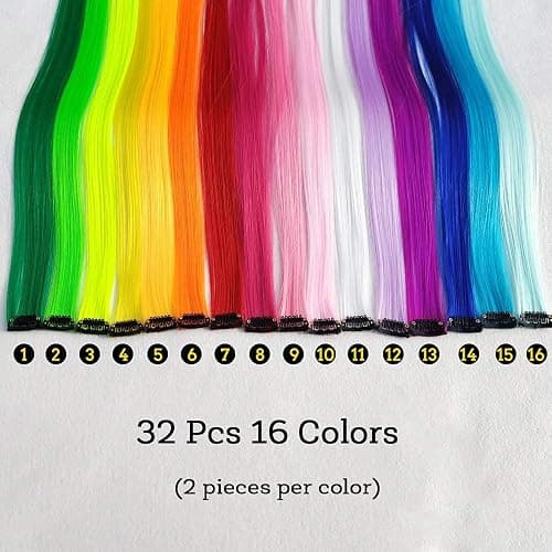 KGBFASS 32Packs Colored Hair Extensions 20Inch Straight Color Clip in on Hair Extension Rainbow Party Highlights Synthetic Hairpiece for Girls (16 colors) - Rainbow color-32Pcs thumbnail 4