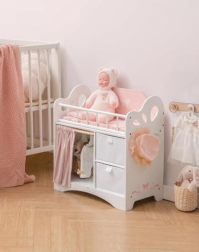 ROBUD Baby Doll Crib, Wooden Doll Bed with Storage and Bedding, of Toy Baby Crib to Kids, Pink Baby Doll Beds Suit for Dolls Under 22 Inches thumbnail 9