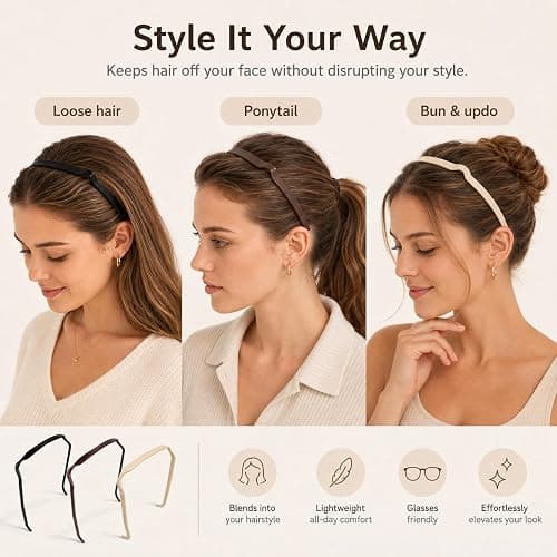 Square Invisible Headband for Curly Thick Hair, Brown and Black, Large, 3 Pack thumbnail 6