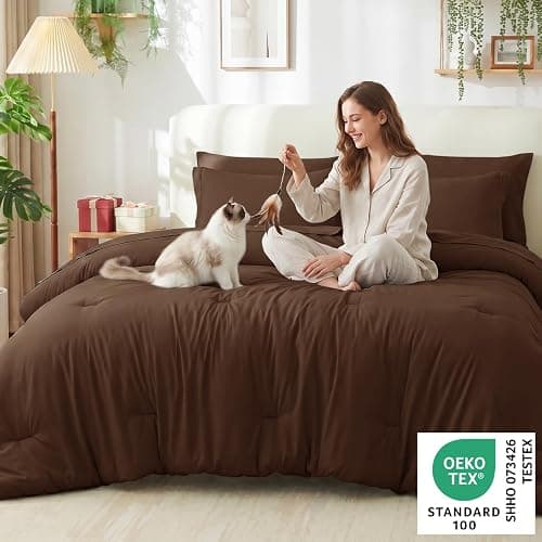 CozyLux Twin XL Comforter Set College Dorm Essentials, 5 Pieces Brown Bed in a Bag Twin Extra Long Comforter Set with Sheets, Pillowcase & Sham, Soft Down Alternative Bedding Sets, Back to School thumbnail 3
