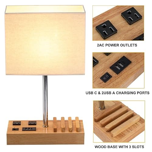 Dreamholder Desk Lamp with 3 USB Charging Ports, Table Lamp with 2AC Outlets and 3 Phone Stands, Nightstand Bedside Lamp with Natural Wooden Base and Cream Linen Shade thumbnail 3