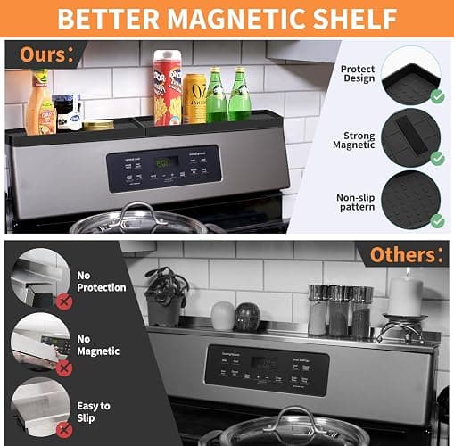 30 Inch Silicone Magnetic Stove Top Shelf, Kitchen Shelf Over Stove Spice Rack Apartment Must Haves Kitchen Gadgets for Above Stovetop Seasoning Organization and Storage with 2 Functional Prtitions thumbnail 5