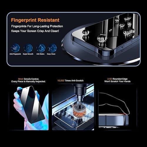 OneFish Privacy Screen Protector for iPhone 16 Pro Max [6.9 inch], Airbag Edge Protection Anti Spy Private Tempered Glass Film with Installation Frame 9H Scratch Resistant Easy Installation-2Pack. thumbnail 7