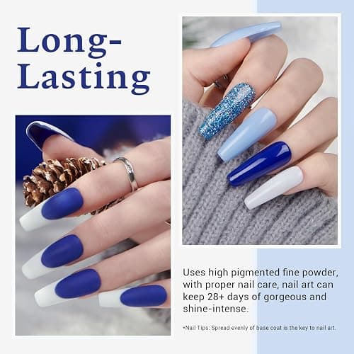 AZUREBEAUTY Dip Powder Nail Kit Winter White Navy Blue Glitter 4 Colors Acrylic Dipping Powder Liquid Set with Base/Top Coat Activator for French Nail Art Manicure DIY Gift for Women thumbnail 2