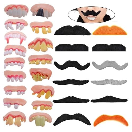 Odowalker 17 Pcs Different Style Fake Teeth & 12 Pcs Novelty Mustaches, Self Adhesive Fake Mustache Set Halloween Ugly Joke Tooth Prank Denture Funny Tooth Costume for Halloween Party Funny Gag Gift - Image 1