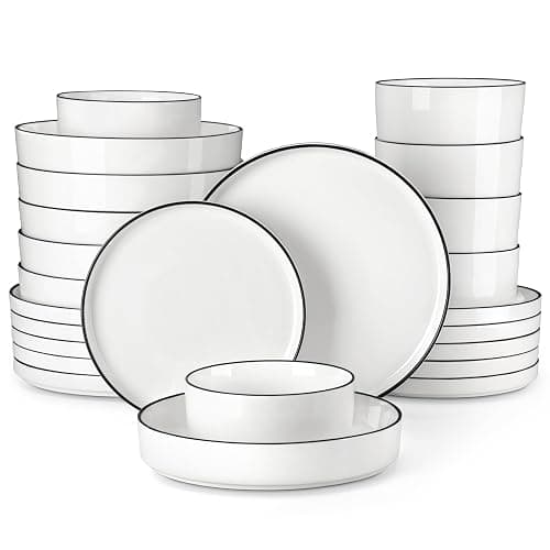 MALACASA Geschirrset 24-tlg für 6 Personen, Modernes Tafelservice aus Weiß Porzellan mit Stehrand & Schwarzer Akzentkante, Geschirr Set inkl. 6x Essteller, Dessertteller, Suppenteller, Suppenschüssel - Image 1