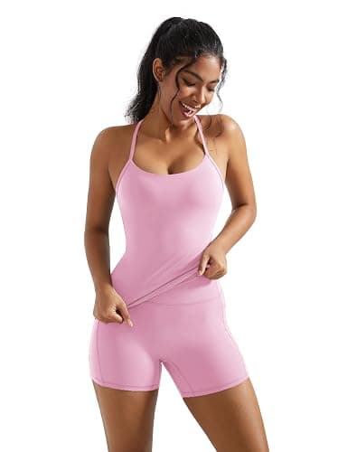 OMKAGI 2 Piece Workout Sets for Women Padded Sports Bra Tank Booty Gym Shorts with Pockets thumbnail 4