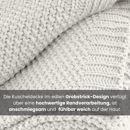 wometo Kuscheldecke Strick 140x190 weiß wollweiß - Strickdecke oekoTex warme weiche Decke mit edlem und schlichten Strickmuster thumbnail 5