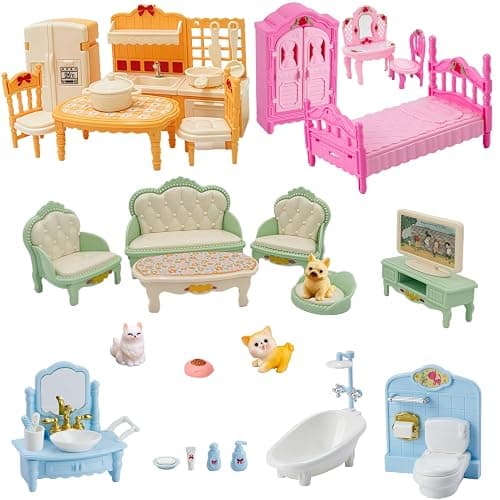 36Pcs Dollhouse Furniture Set,Miniature 1:12 Scale Dolls House Accessories with Cat,Dog,Kitchen, Dining Room, Living Room,Bedroom for Playhouse Toy(Multi-Color) - Image 1