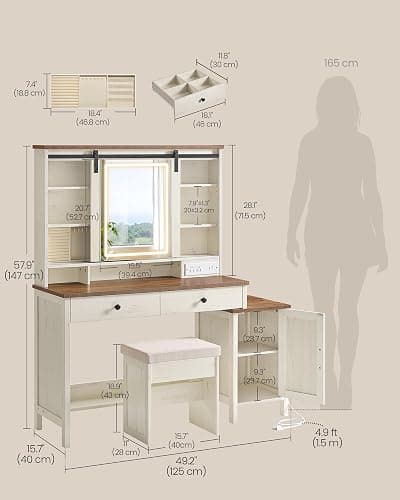 VASAGLE Farmhouse Vanity Desk with Mirror and Lights, Stool, 2 Drawers | Makeup Vanity, Charging Station for Bedroom, Jewelry Storage, Rustic White and Honey Brown, LIRY Collection URDT135W01S thumbnail 3