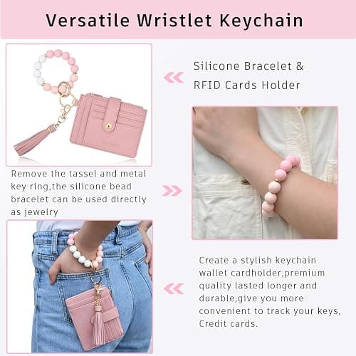 BAOSIWA Silicone Bracelet Keychain Wallet for Women Wristlet Card Holder Slim RFID Wallet with Zipper Pocket thumbnail 5