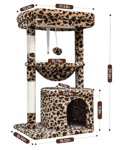 SYANDLVY Small Leopard Print Cat Tree for Indoor Cats, Cat Tower with Scratching Post, Modern Cat House with Padded Perch, Kittens Condo with Cradle, Cat Cave - 29.6" - Leopard Print thumbnail 3
