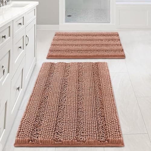 H.VERSAILTEX Bathroom Rug Set, 2 Piece Non Slip Thick Soft Chenille Striped Bath Mats, Muted Clay, 20" x 32"/17" x 24" - Image 1