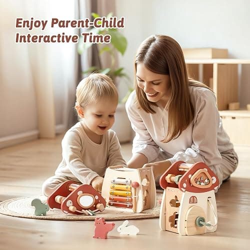 Youuys Wooden Activity Cube - 11-in-1 Montessori Toys for 1+ Year Old Boys & Girls, Multipurpose Educational Sensory Toys for Toddler, First Birthday Gift, Busy Board Toys for 18 Months (Mushroom) thumbnail 2