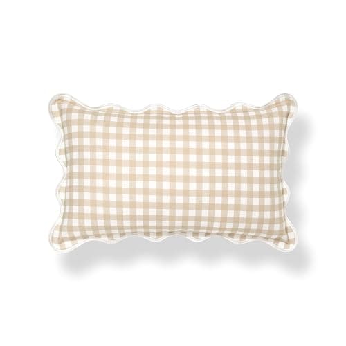 Hofdeco Premium Coastal Hampton Scalloped Patio Indoor Outdoor Lumbar Pillow Cover Only, 12"x20" Water Repellent for Backyard, Couch, Poolside, Neutral Tan Print Gingham thumbnail 7