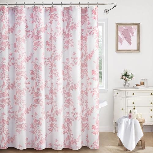XOGUIBO Pink Floral Shower Curtain,Vintage Cotton Cottagecore Shower Curtains for Bathroom, 72" W x 72" L - Image 1
