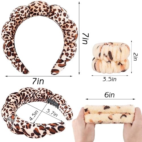 Zkptops Spa Headband for Washing Face Wristband Set Sponge Makeup Skincare Velvet Fabric Bubble Soft Get Ready Hairband for Women Girl Puffy Padded Headwear Non Slip Thick Hair Accessory(Leopard 1) thumbnail 6